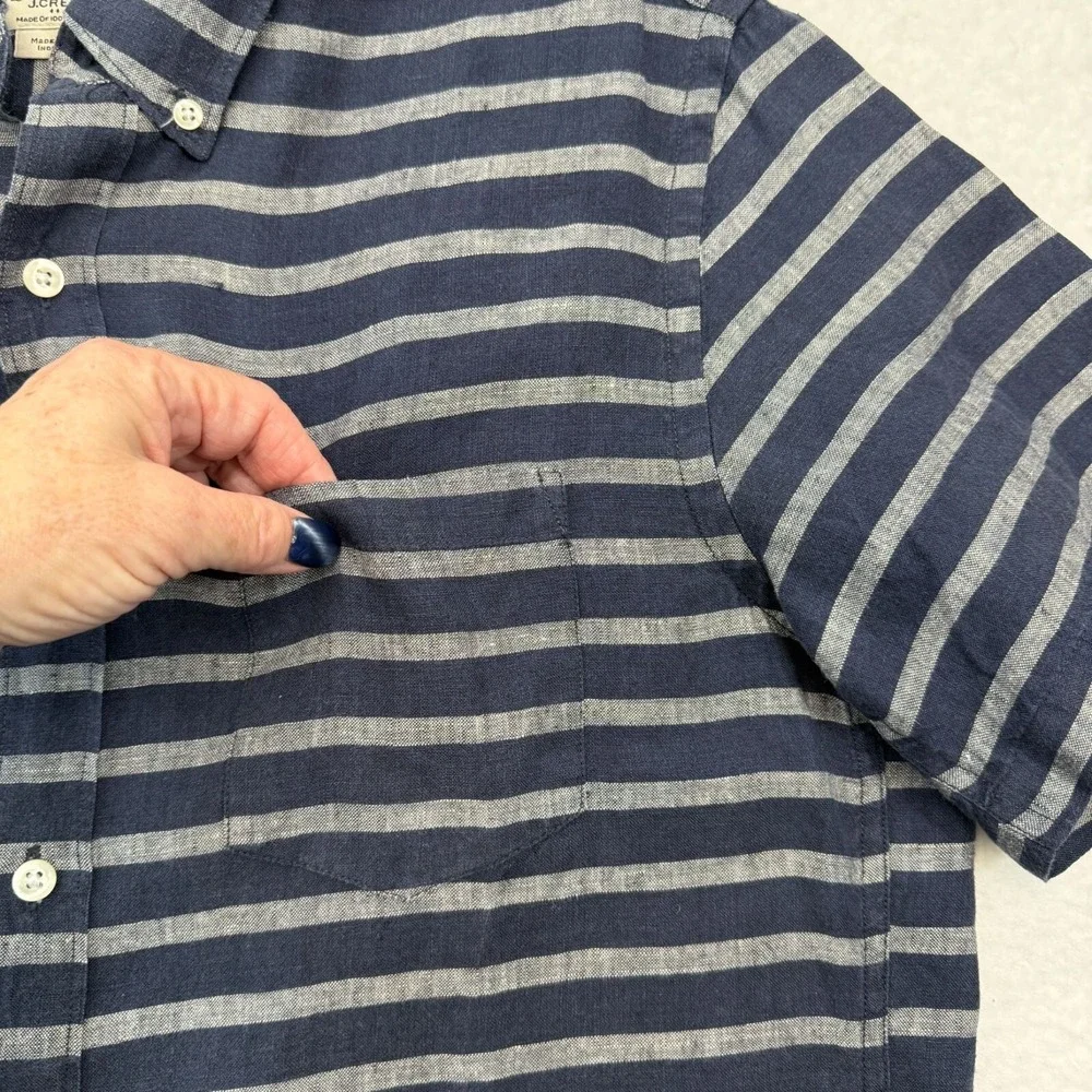 J.Crew 100% Linen Button Down Shirt SS Blue Gray Stripe Fisherman Coastal Mens M